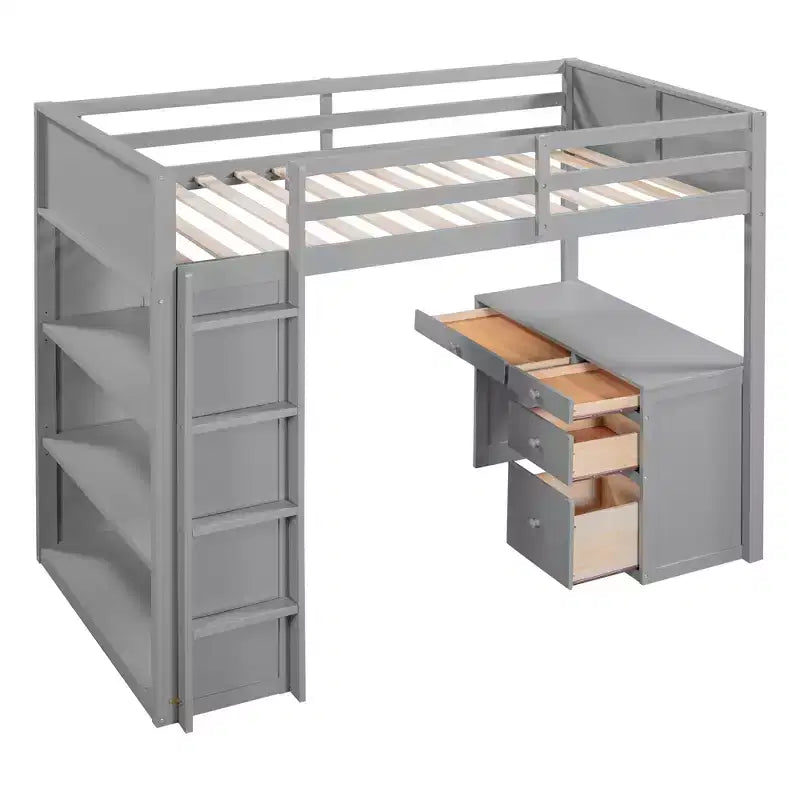 Twin/Full Size Loft Bed with Ladder, Shelves, Desk & Drawers