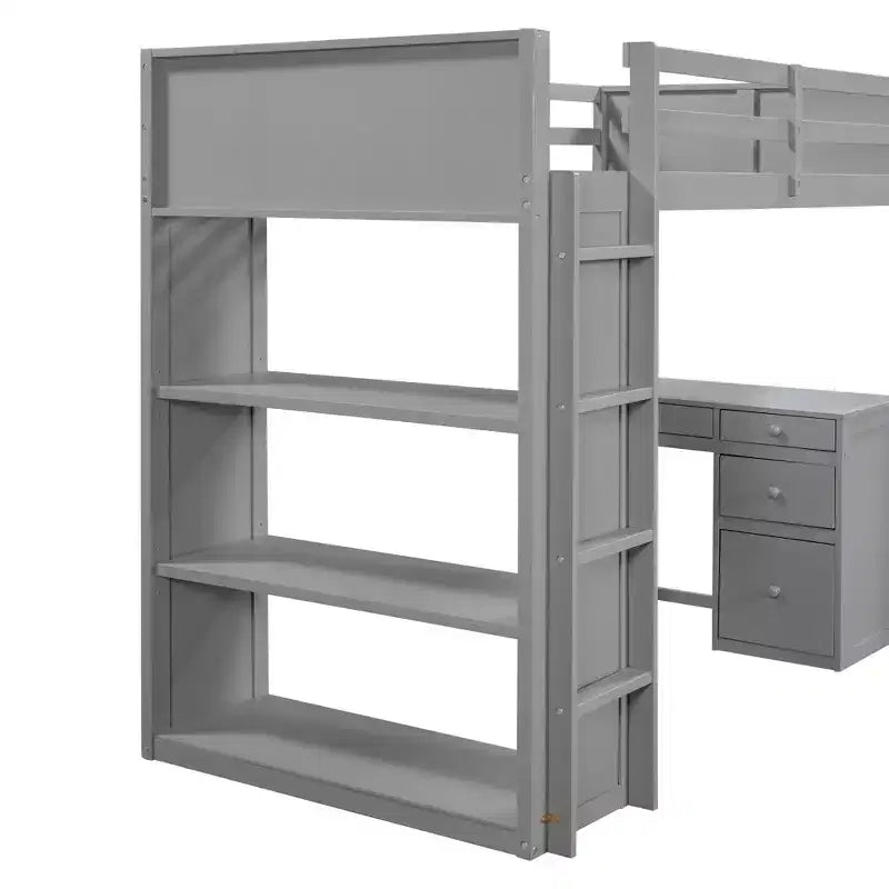 Twin/Full Size Loft Bed with Ladder, Shelves, Desk & Drawers