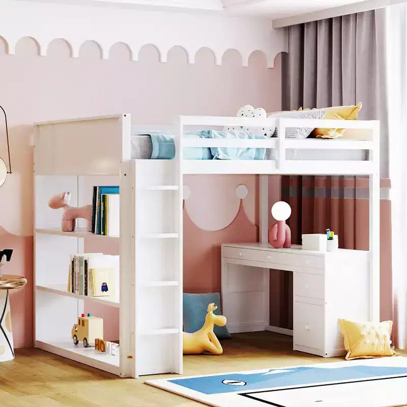Twin/Full Size Loft Bed with Ladder, Shelves, Desk & Drawers