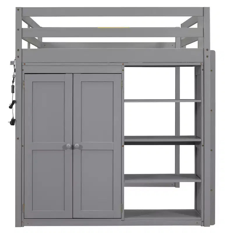 Full Size Loft Bed with Built-in Wardrobe, Storage Shelves & LED Light