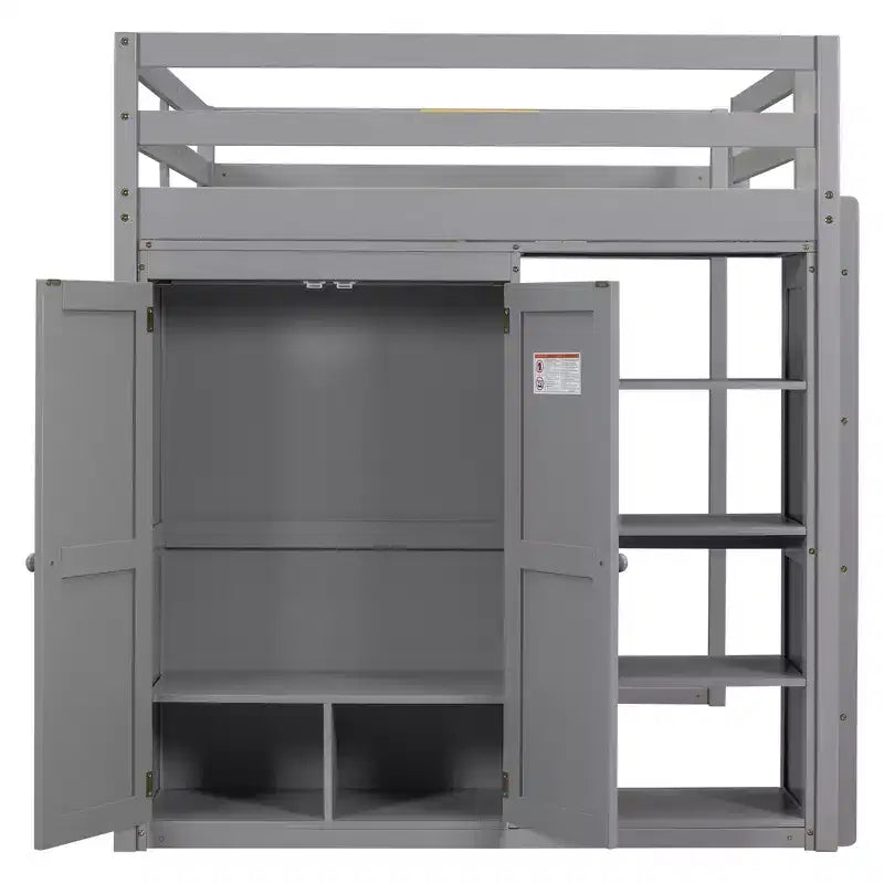Full Size Loft Bed with Built-in Wardrobe, Storage Shelves & LED Light
