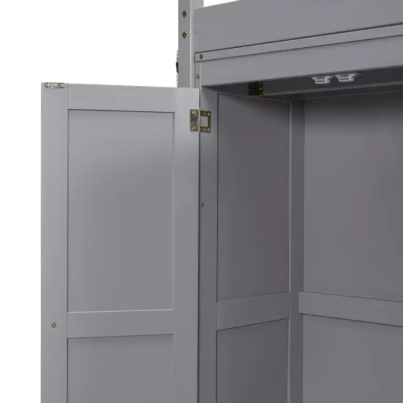 Full Size Loft Bed with Built-in Wardrobe, Storage Shelves & LED Light