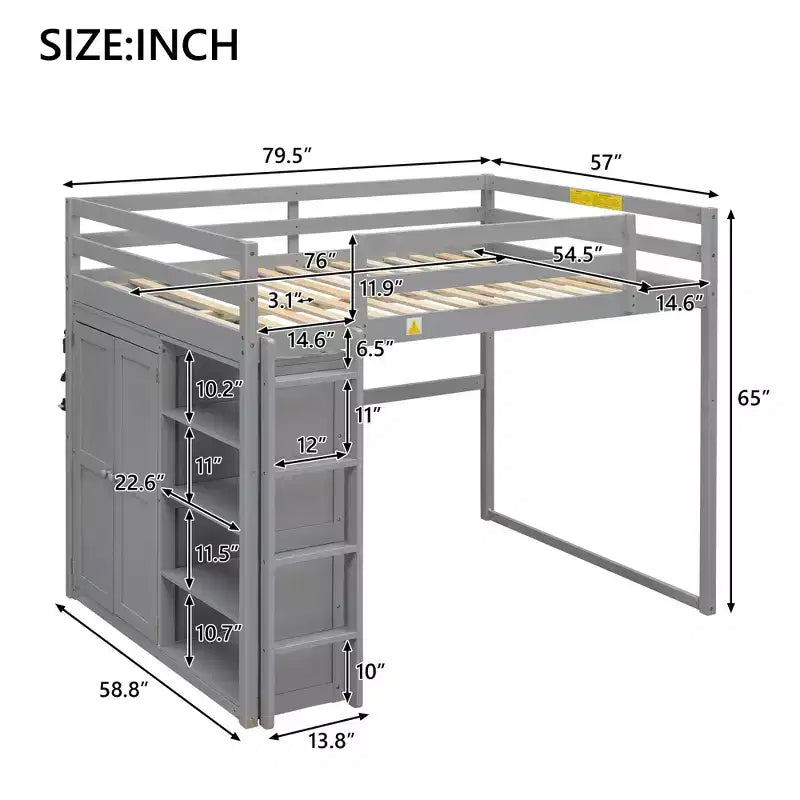 Full Size Loft Bed with Built-in Wardrobe, Storage Shelves & LED Light