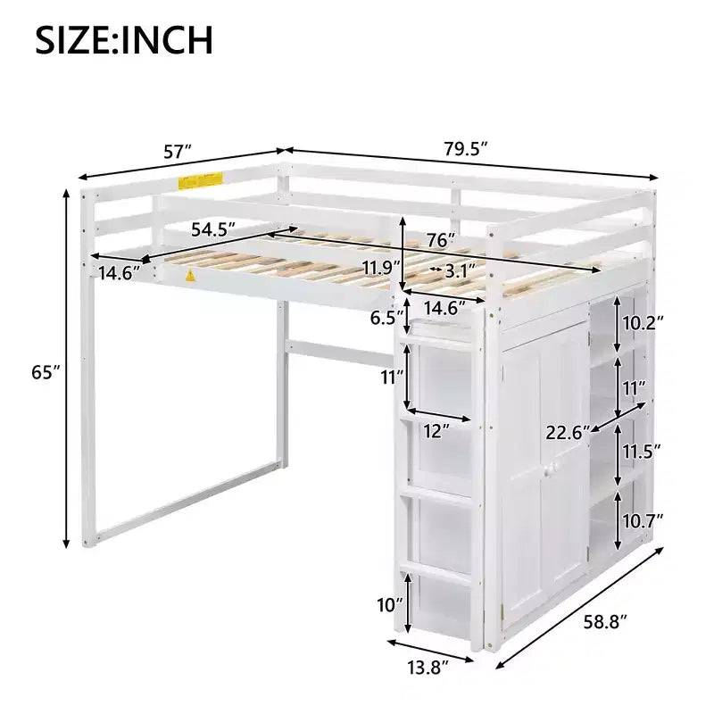 Full Size Loft Bed with Built-in Wardrobe, Storage Shelves & LED Light
