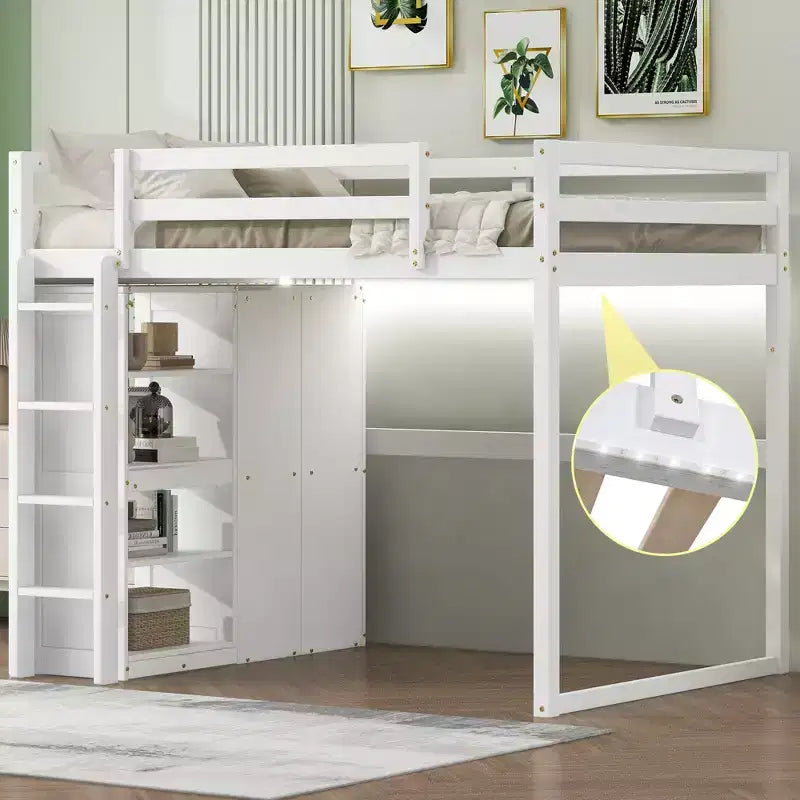Full Size Loft Bed with Built-in Wardrobe, Storage Shelves & LED Light