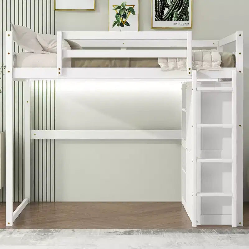 Full Size Loft Bed with Built-in Wardrobe, Storage Shelves & LED Light