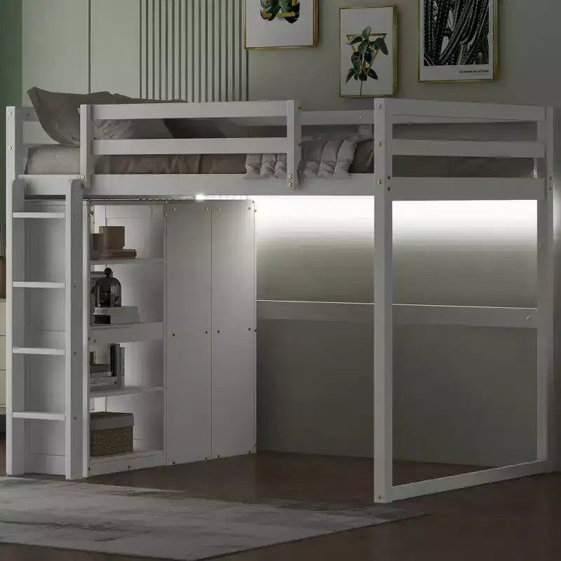 Full Size Loft Bed with Built-in Wardrobe, Storage Shelves & LED Light