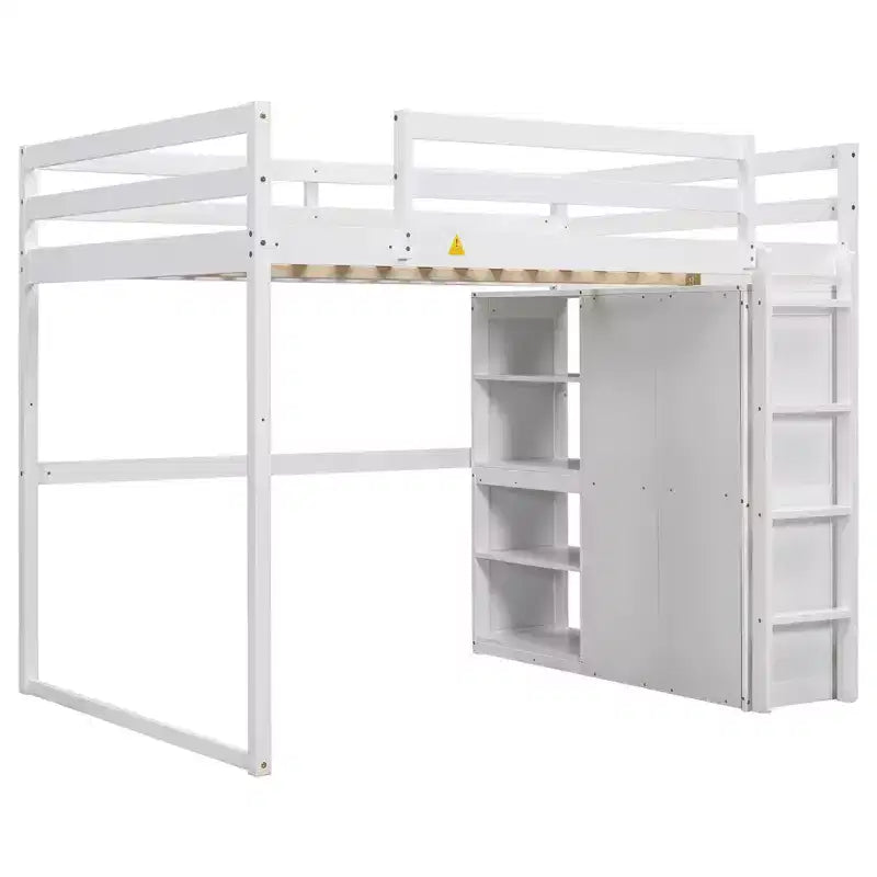 Full Size Loft Bed with Built-in Wardrobe, Storage Shelves & LED Light
