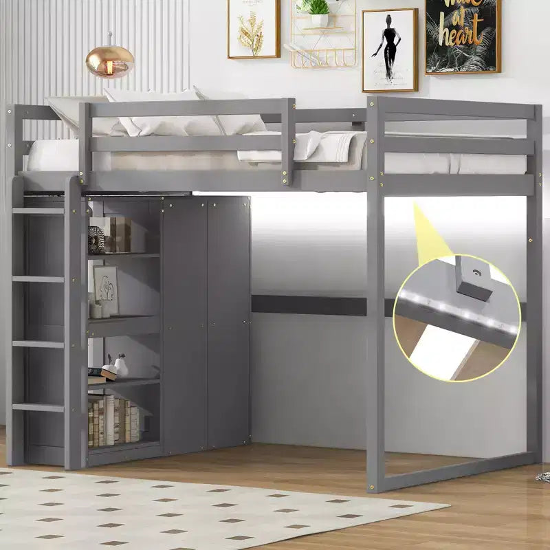 Full Size Loft Bed with Built-in Wardrobe, Storage Shelves & LED Light