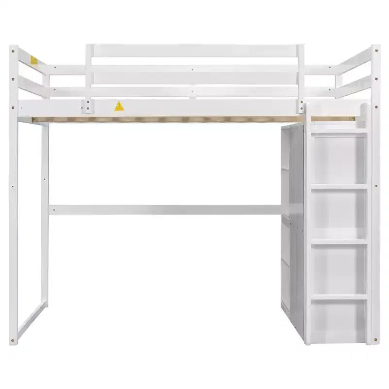Full Size Loft Bed with Built-in Wardrobe, Storage Shelves & LED Light