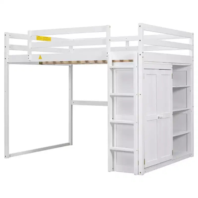 Full Size Loft Bed with Built-in Wardrobe, Storage Shelves & LED Light