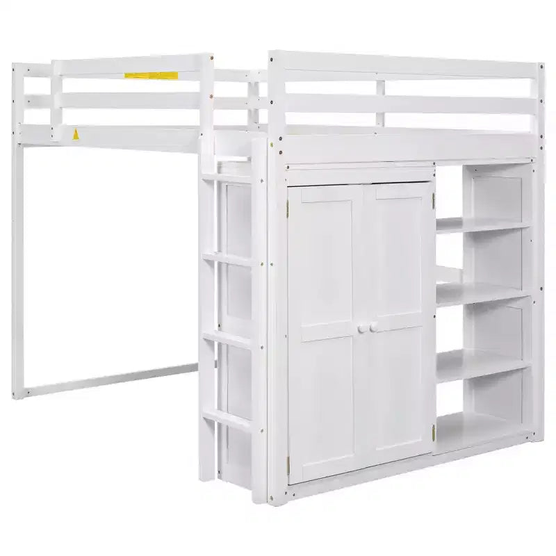 Full Size Loft Bed with Built-in Wardrobe, Storage Shelves & LED Light