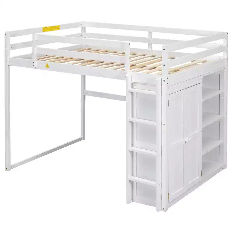 Full Size Loft Bed with Built-in Wardrobe, Storage Shelves & LED Light