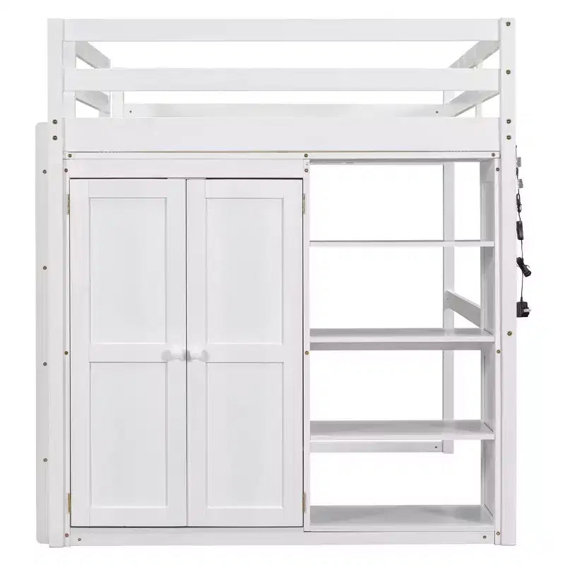Full Size Loft Bed with Built-in Wardrobe, Storage Shelves & LED Light