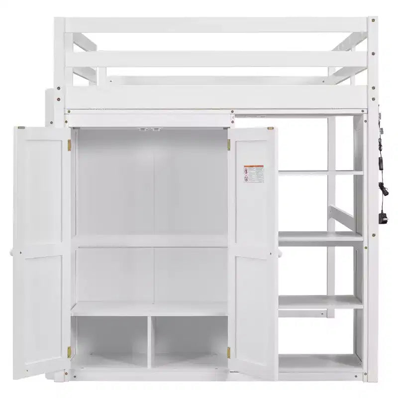 Full Size Loft Bed with Built-in Wardrobe, Storage Shelves & LED Light