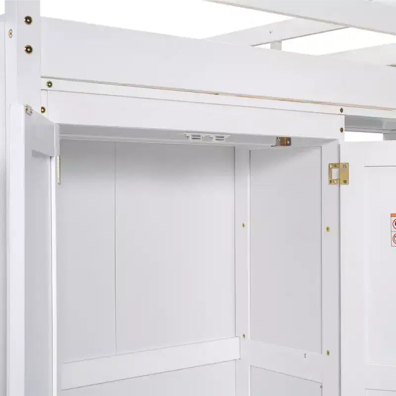 Full Size Loft Bed with Built-in Wardrobe, Storage Shelves & LED Light
