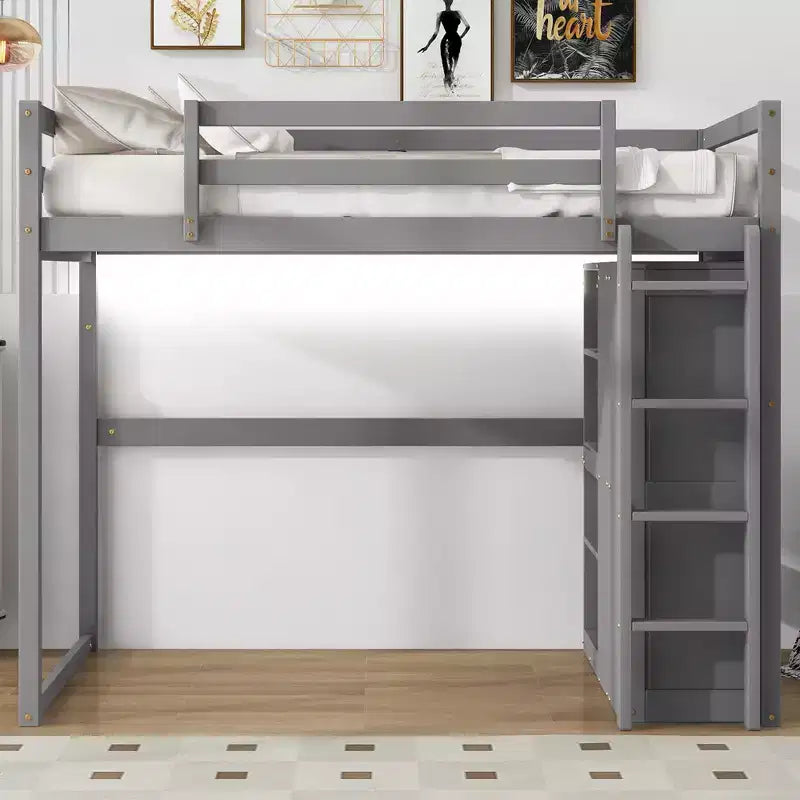 Full Size Loft Bed with Built-in Wardrobe, Storage Shelves & LED Light