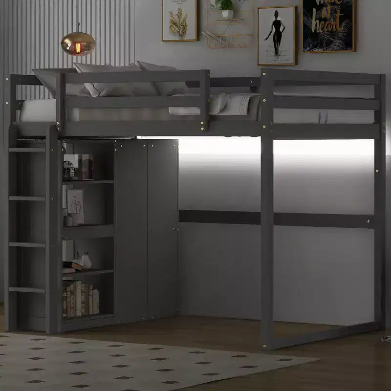 Full Size Loft Bed with Built-in Wardrobe, Storage Shelves & LED Light