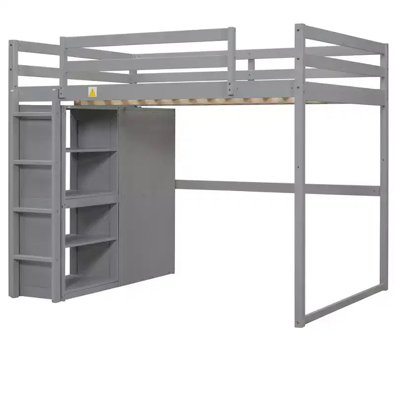 Full Size Loft Bed with Built-in Wardrobe, Storage Shelves & LED Light