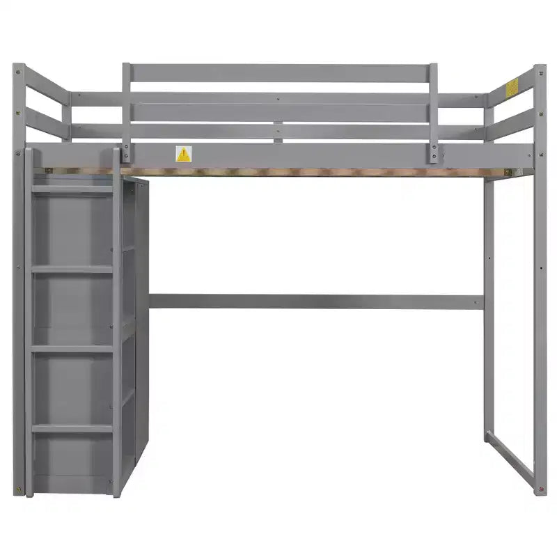 Full Size Loft Bed with Built-in Wardrobe, Storage Shelves & LED Light