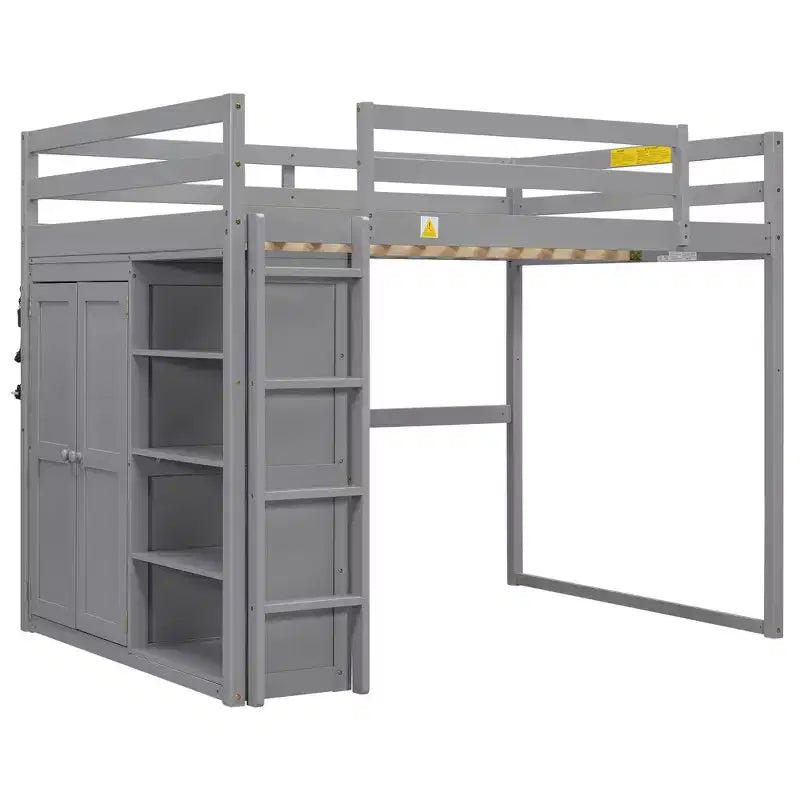 Full Size Loft Bed with Built-in Wardrobe, Storage Shelves & LED Light