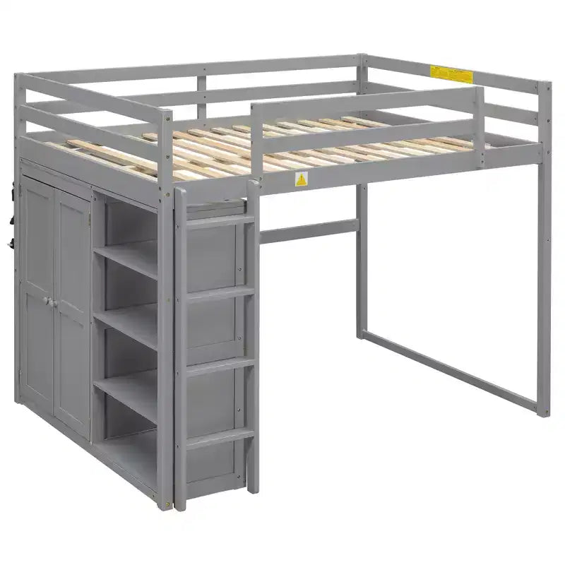 Full Size Loft Bed with Built-in Wardrobe, Storage Shelves & LED Light