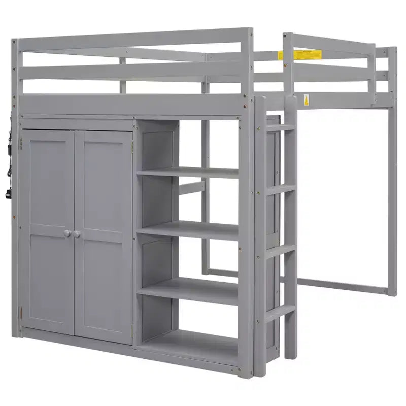 Full Size Loft Bed with Built-in Wardrobe, Storage Shelves & LED Light