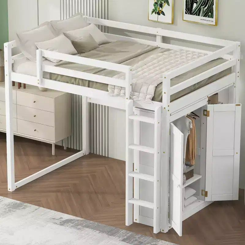 Full Size Loft Bed with Built-in Wardrobe, Storage Shelves & LED Light