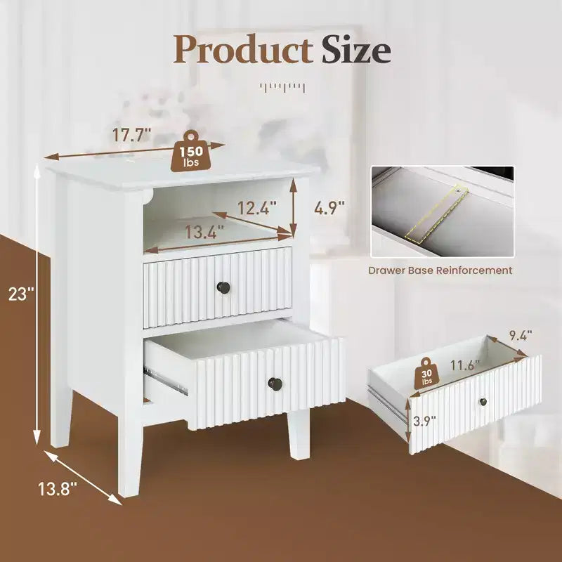 Fluted Nightstand with Charging Station, 2 Drawers & Storage Shelf