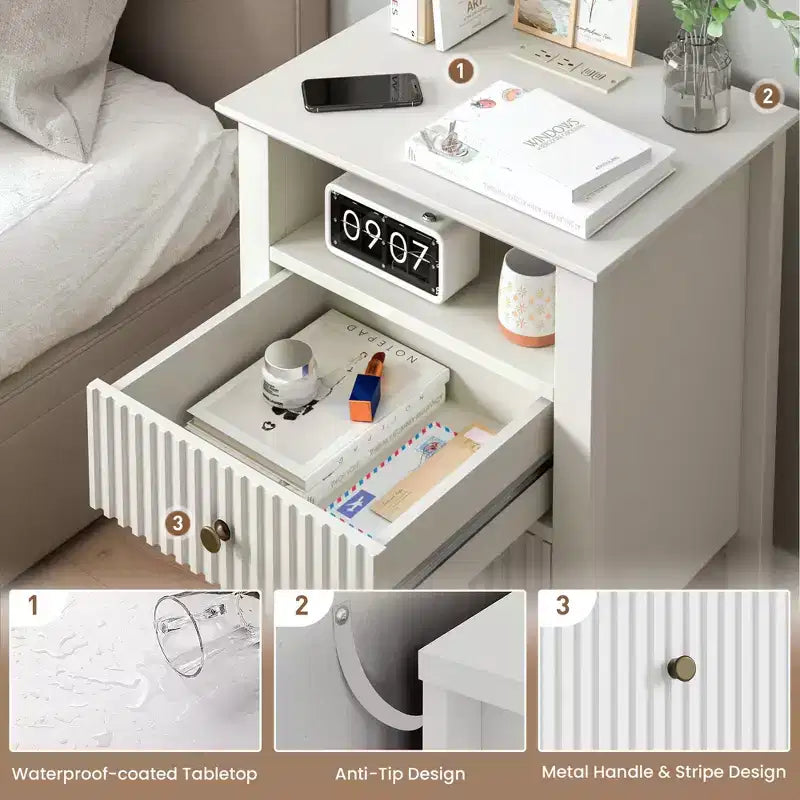 Fluted Nightstand with Charging Station, 2 Drawers & Storage Shelf