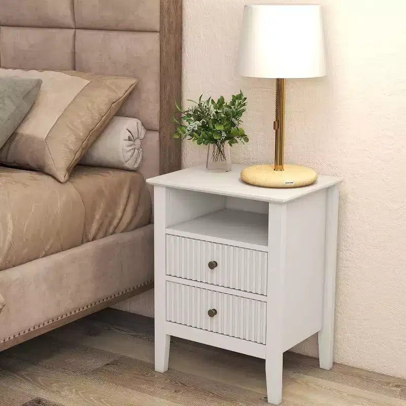 Fluted Nightstand with Charging Station, 2 Drawers & Storage Shelf