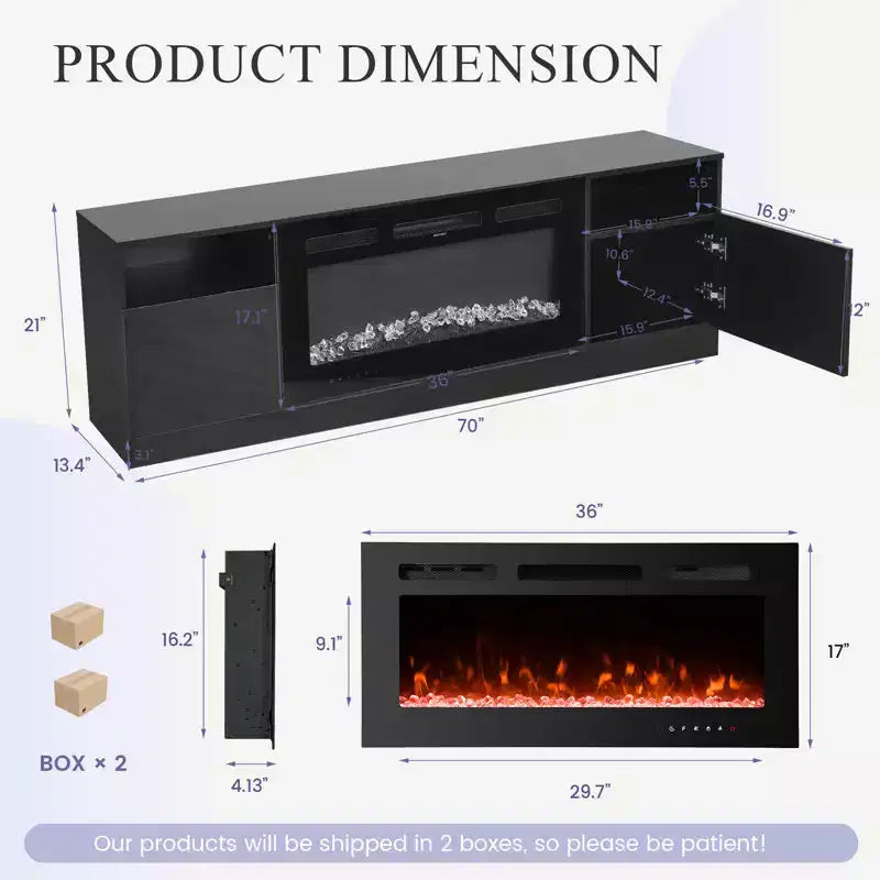 70" TV Stand with Electric Fireplace & Adjustable LED Lighting