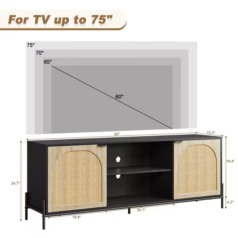 Rattan TV Stand for 75" TV with Storage, Entertainment Center