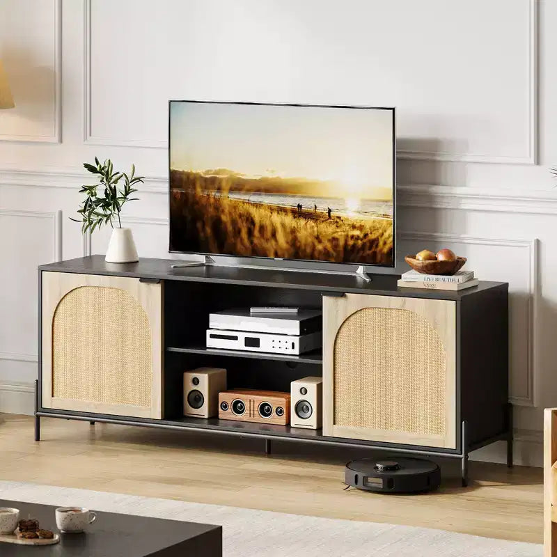 Rattan TV Stand for 75" TV with Storage, Entertainment Center