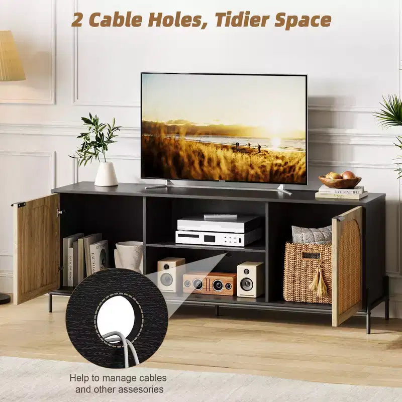 Rattan TV Stand for 75" TV with Storage, Entertainment Center