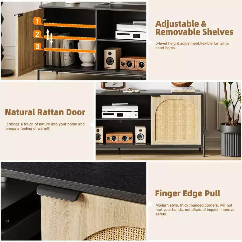 Rattan TV Stand for 75" TV with Storage, Entertainment Center