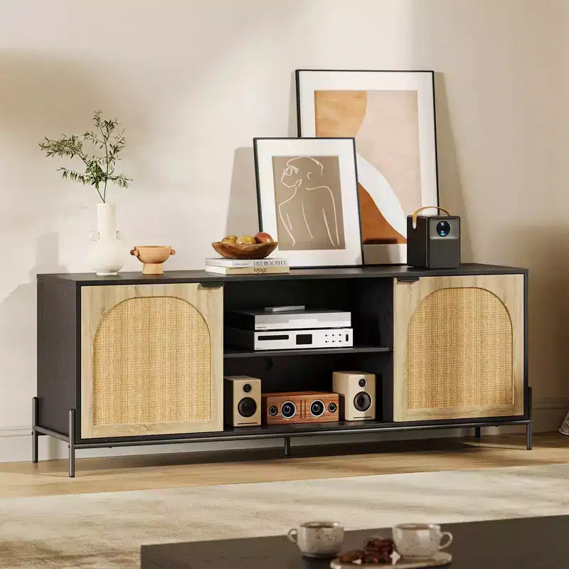Rattan TV Stand for 75" TV with Storage, Entertainment Center