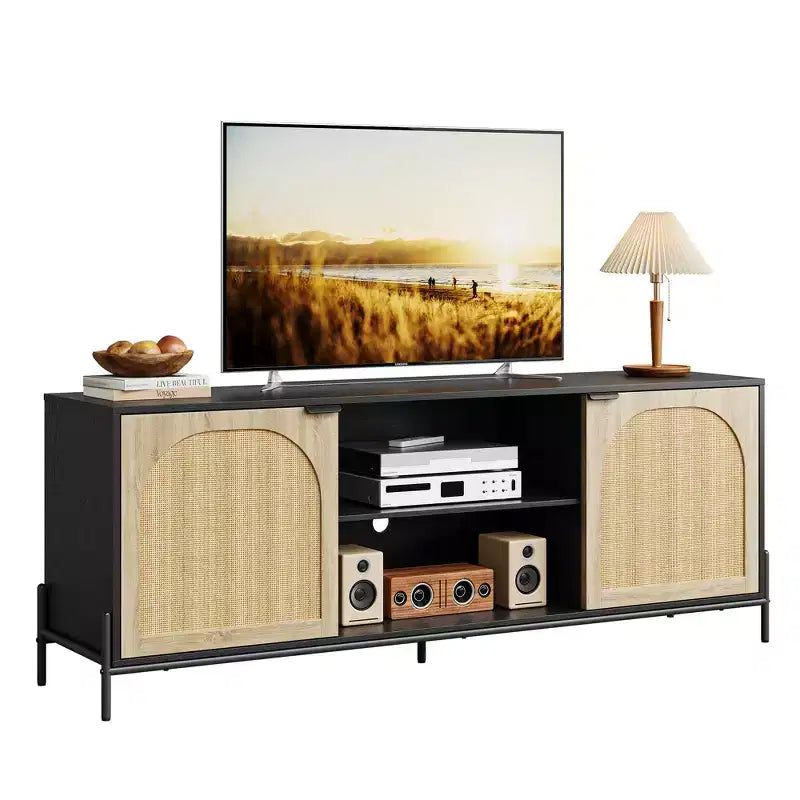 Rattan TV Stand for 75" TV with Storage, Entertainment Center