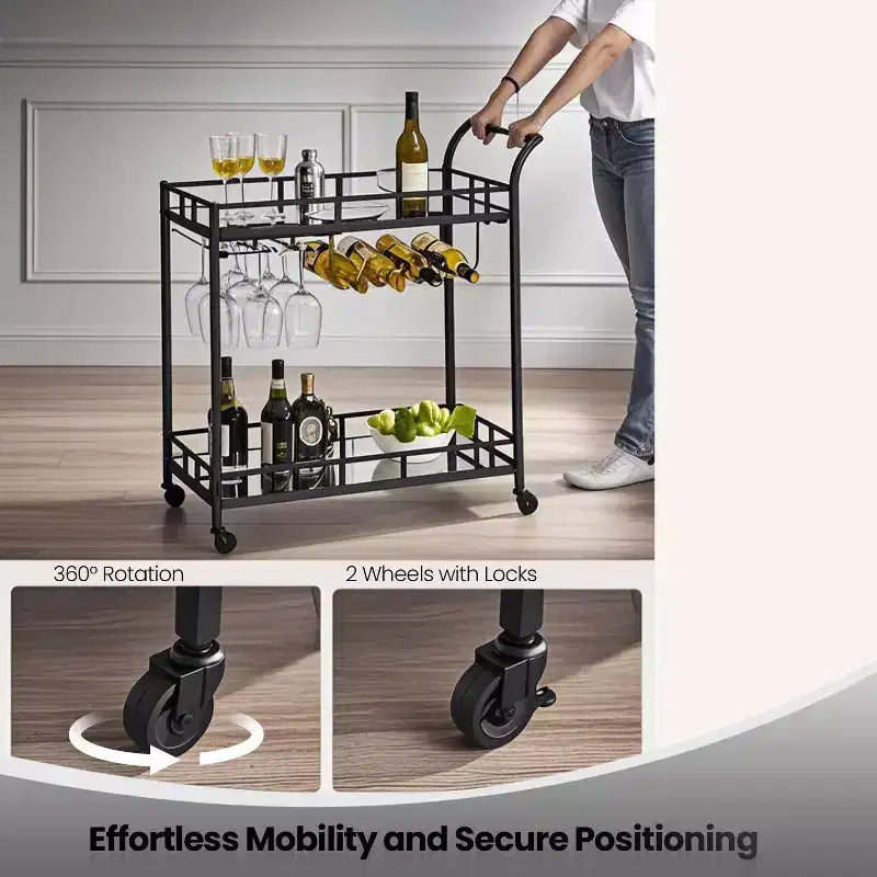 Home Bar Serving Cart with 2 Mirrored Shelves, Wine & Glass Holders