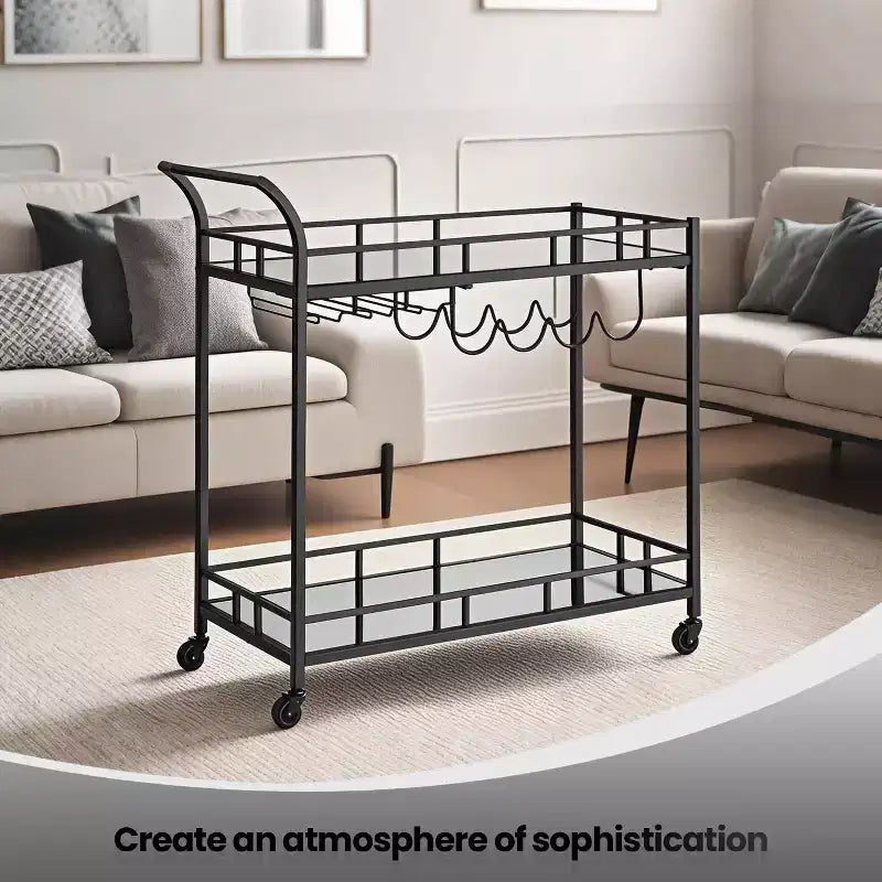 Home Bar Serving Cart with 2 Mirrored Shelves, Wine & Glass Holders