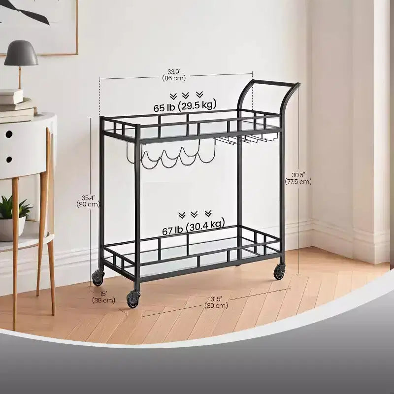 Home Bar Serving Cart with 2 Mirrored Shelves, Wine & Glass Holders