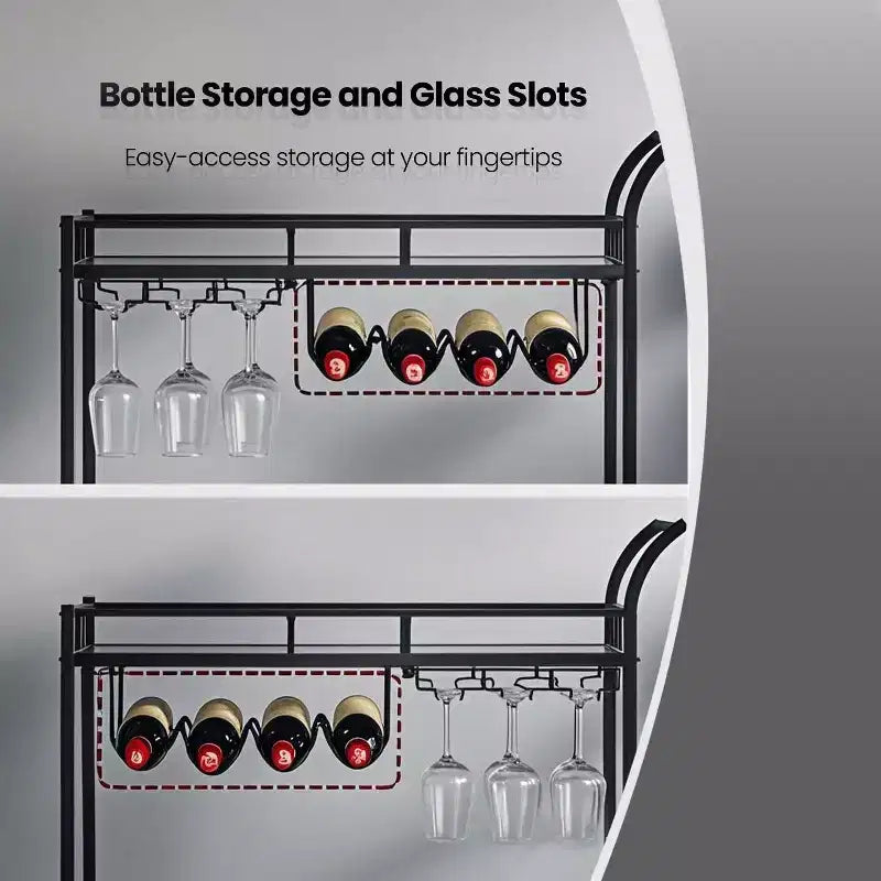 Home Bar Serving Cart with 2 Mirrored Shelves, Wine & Glass Holders