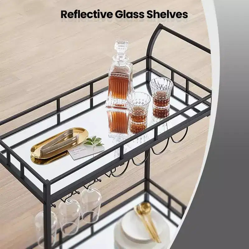 Home Bar Serving Cart with 2 Mirrored Shelves, Wine & Glass Holders