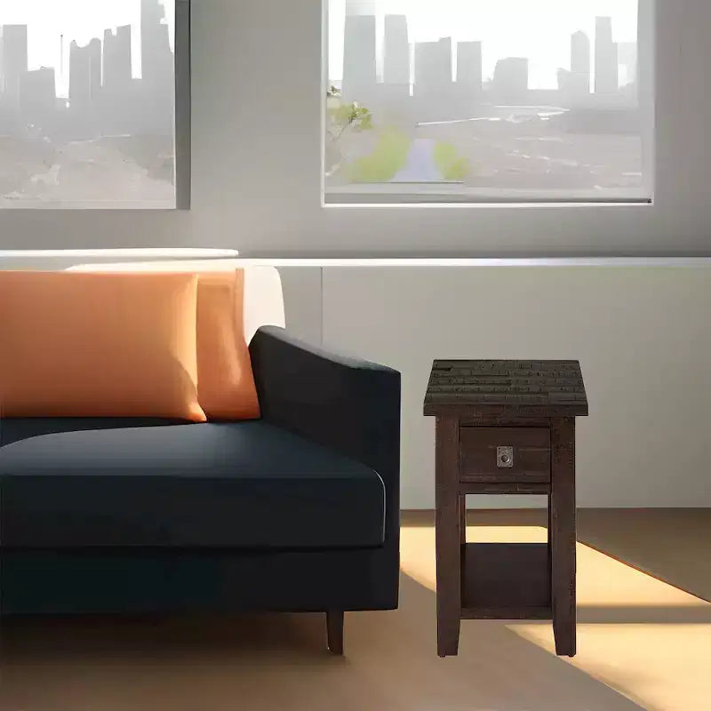 Distressed Rustic Solid Acacia Chairside End Table with Shelf