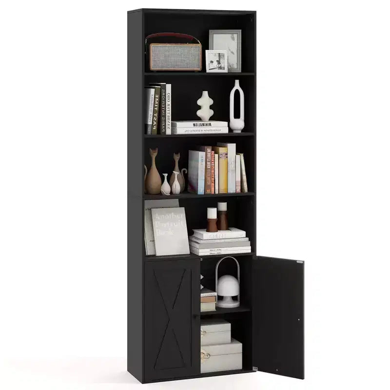 71" Farmhouse Bookcase with Doors, 6 Shelves & 2-Door Cabinet, White/Black