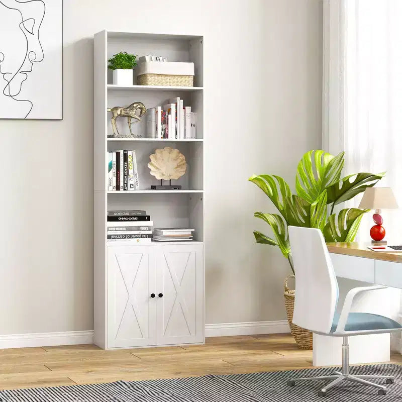 71" Farmhouse Bookcase with Doors, 6 Shelves & 2-Door Cabinet, White/Black