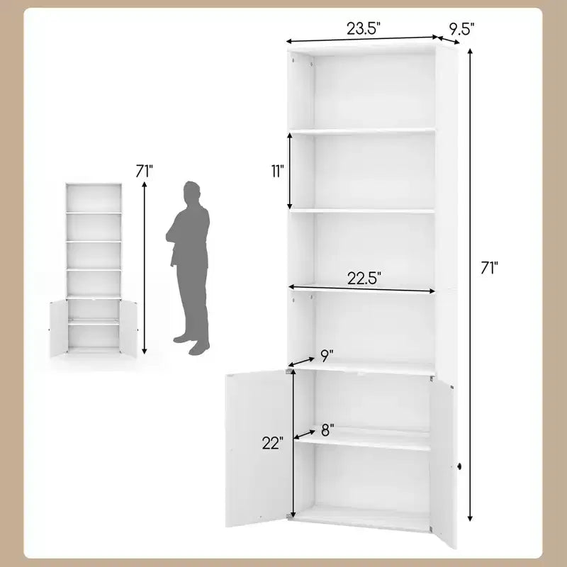 71" Farmhouse Bookcase with Doors, 6 Shelves & 2-Door Cabinet, White/Black