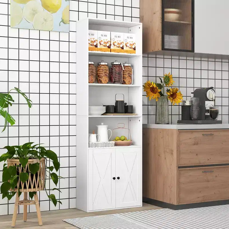 71" Farmhouse Bookcase with Doors, 6 Shelves & 2-Door Cabinet, White/Black