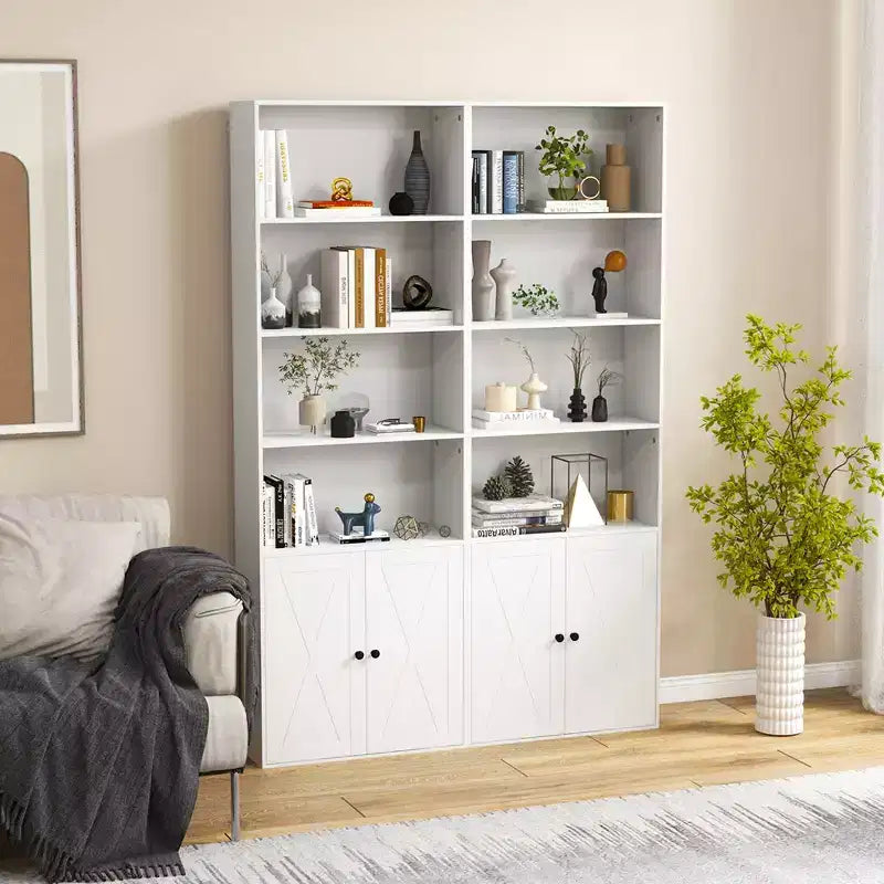 71" Farmhouse Bookcase with Doors, 6 Shelves & 2-Door Cabinet, White/Black