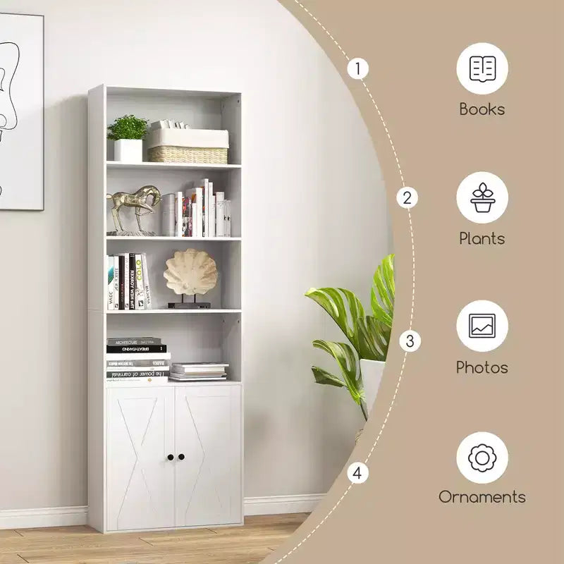 71" Farmhouse Bookcase with Doors, 6 Shelves & 2-Door Cabinet, White/Black